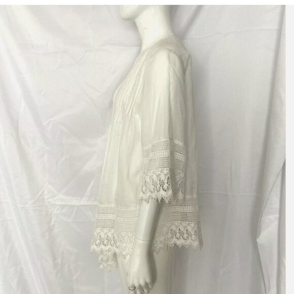 V Christina Sheer White Pleated Crochet Top Blouse Tunic Beach Cover Up Small - Picture 4 of 7